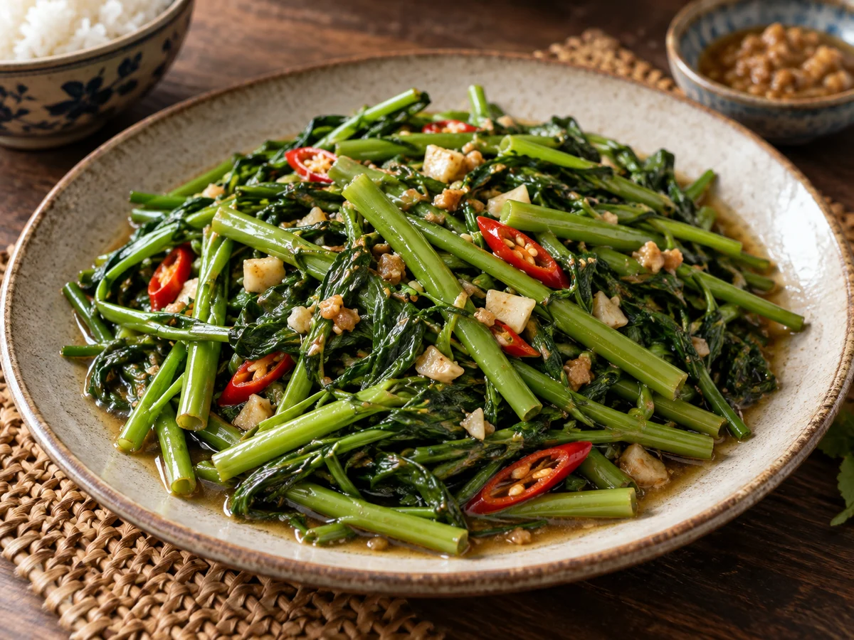 Pad pak boong (wokad vattenspenat), thailändska rätt från Behnaz kök