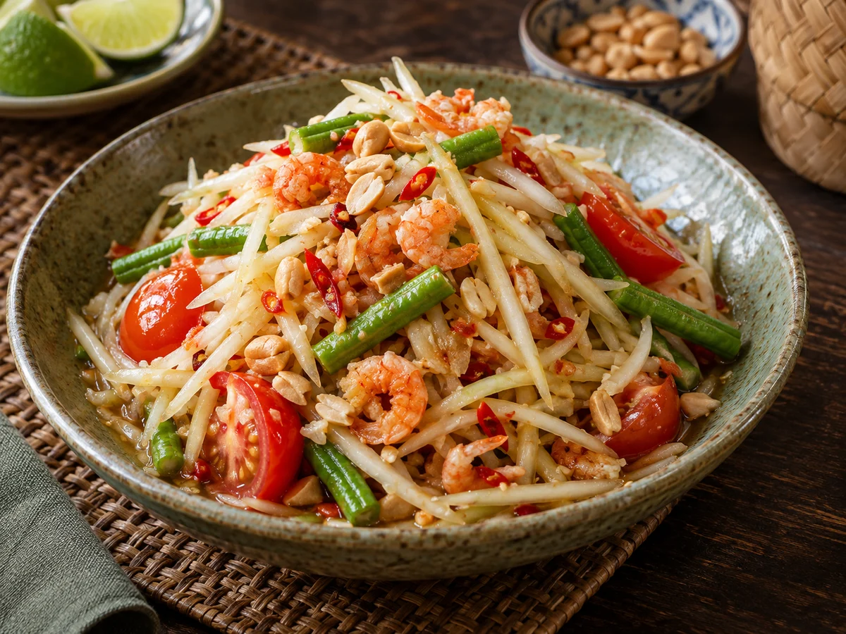 Som tam (grön papayasallad), thailändska rätt från Behnaz kök